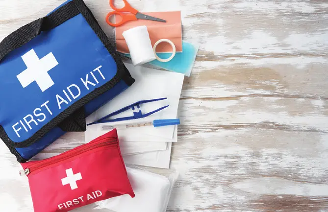 First aid kits and dressings arranged on a table